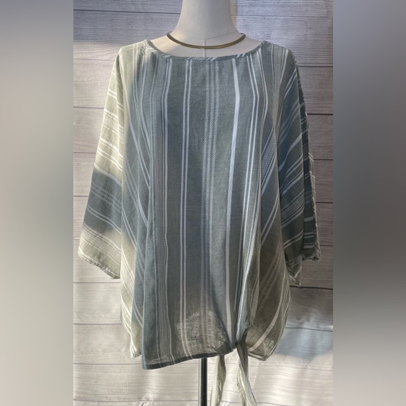 Time and Tru Tops - NWT Linen Blend Light Olive White Stripe Baggy Boho Front Tie Top